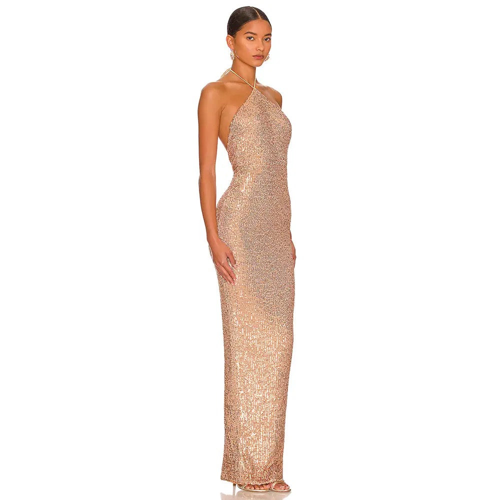 Backless Sleeveless Gold Tight Long Dress