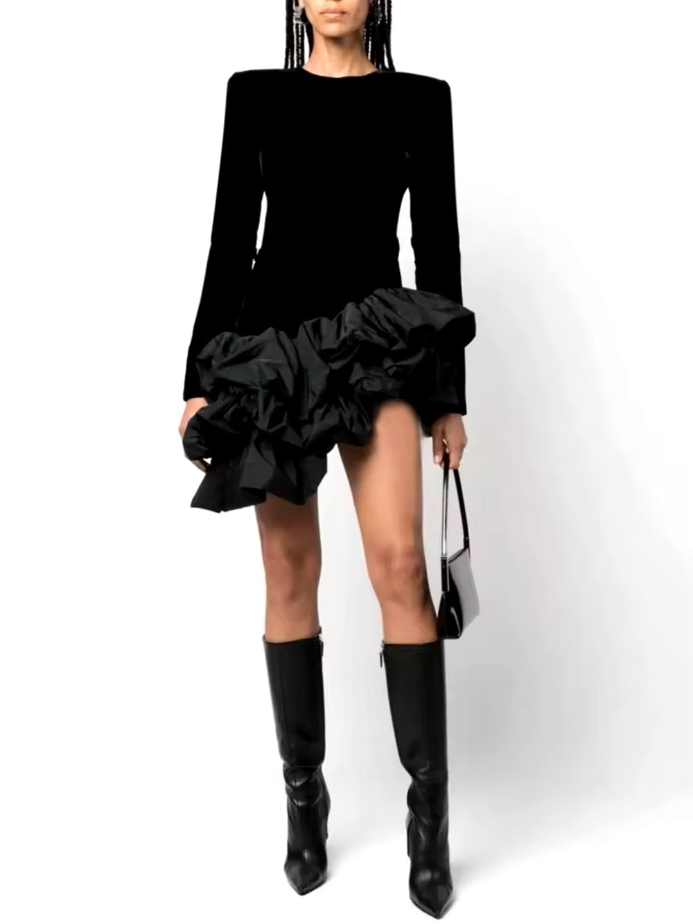 Long Sleeve Asymmetrical Ruffles Velvet Mini Dress