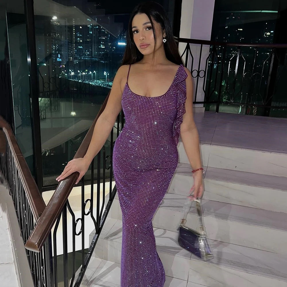 V-neck Backless Shining Diamond Tight Long Dress