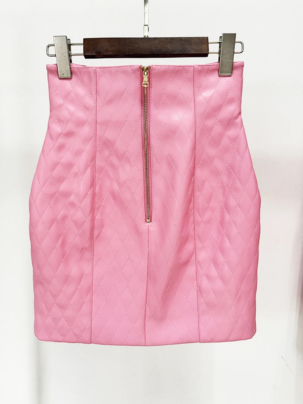 Pink Diamond Quilted Short Leather Jacket Leather Mini Skirt set