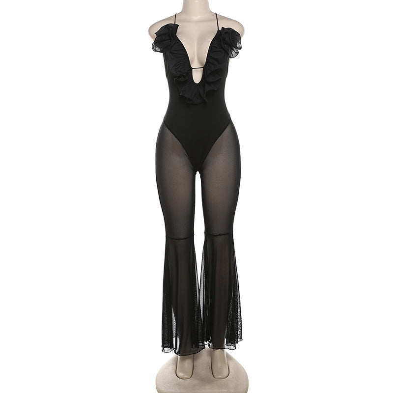 Mesh Stitching See Through Design Horn Jumpsuit