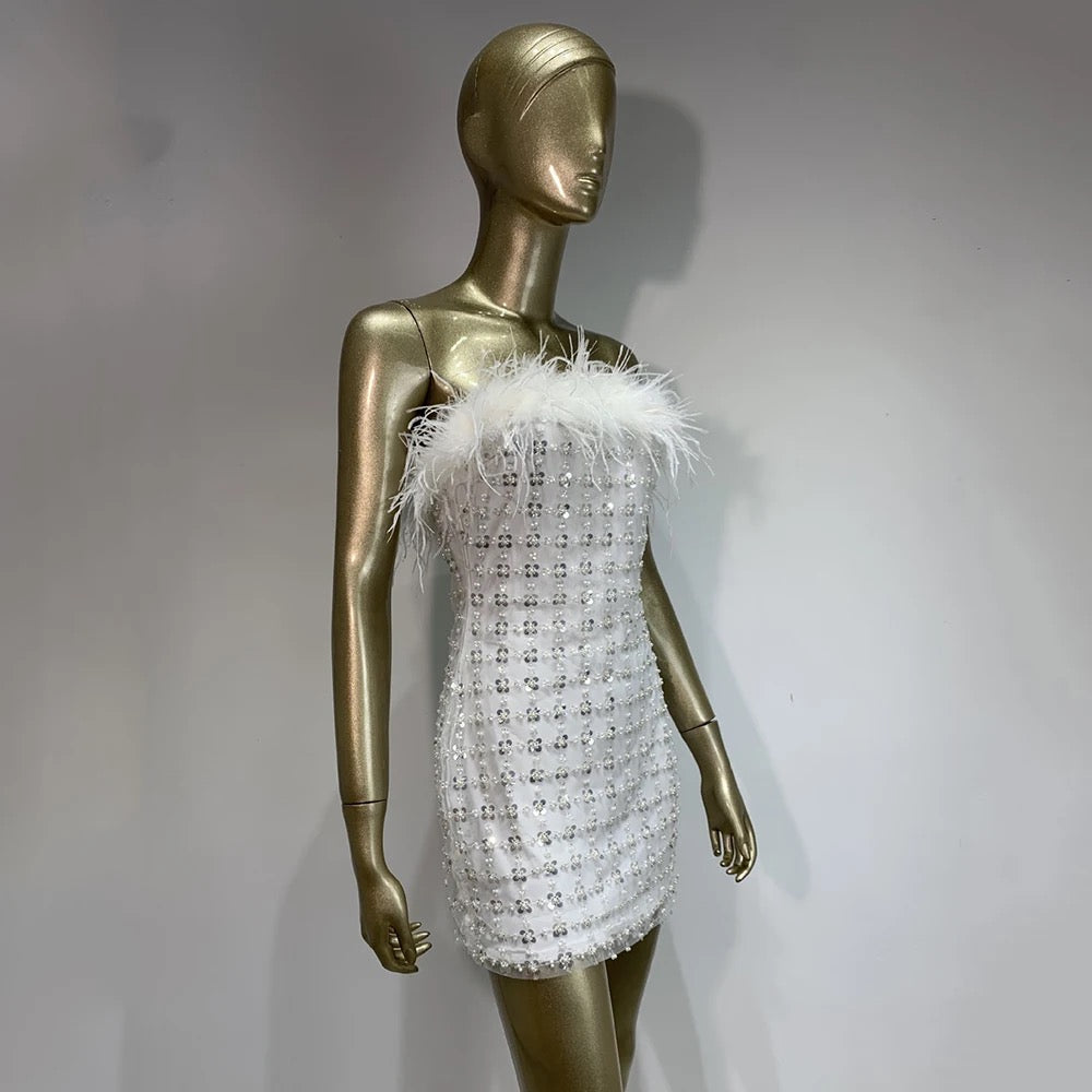 White Strapless Feather Sequins Tight Fit Mini Dress