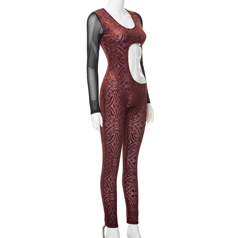 Mesh Long Sleeve U Neck Hollow Out Cutout Sexy jumpsuit