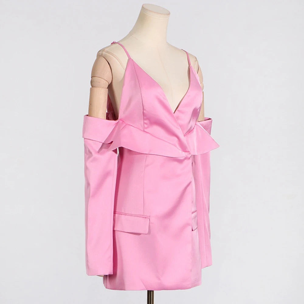 Pink Off the Shoulder Long sleeved Satin blazer