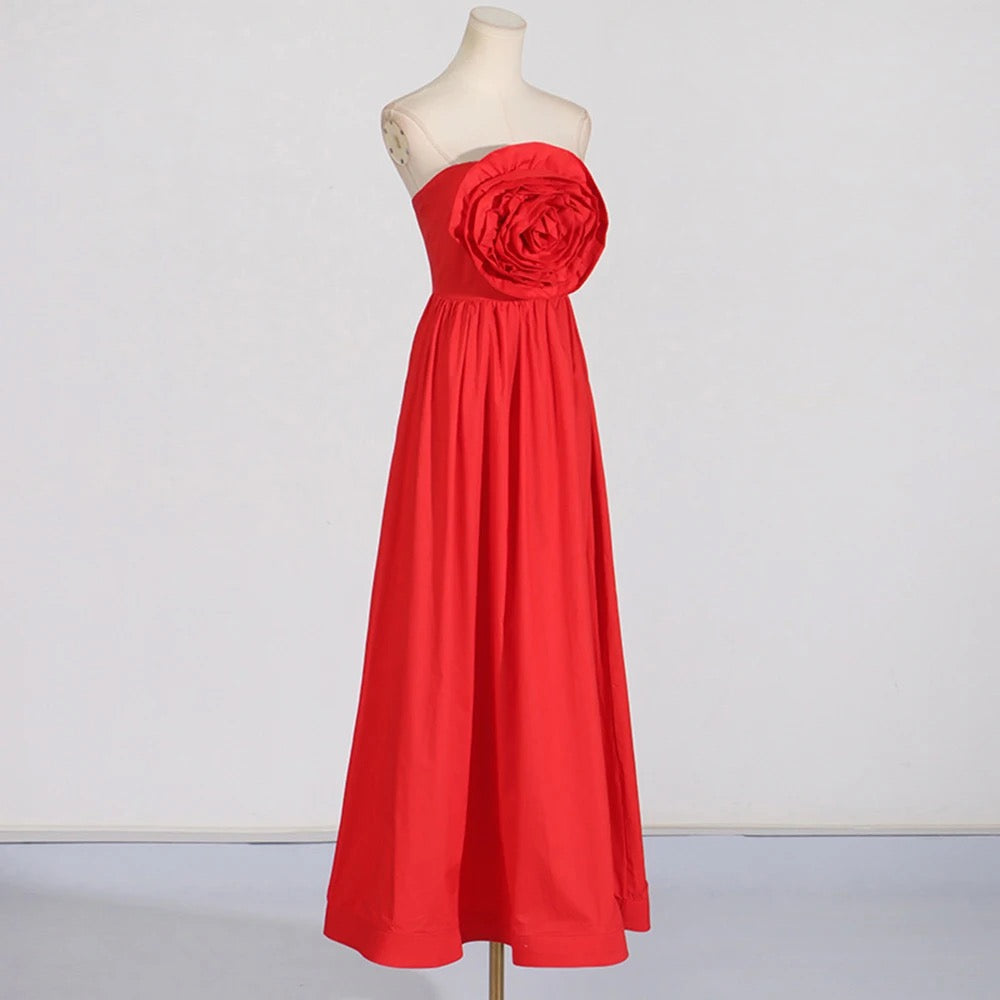 Strapless 3D Rose A Long Wedding Bridesmaid Dress