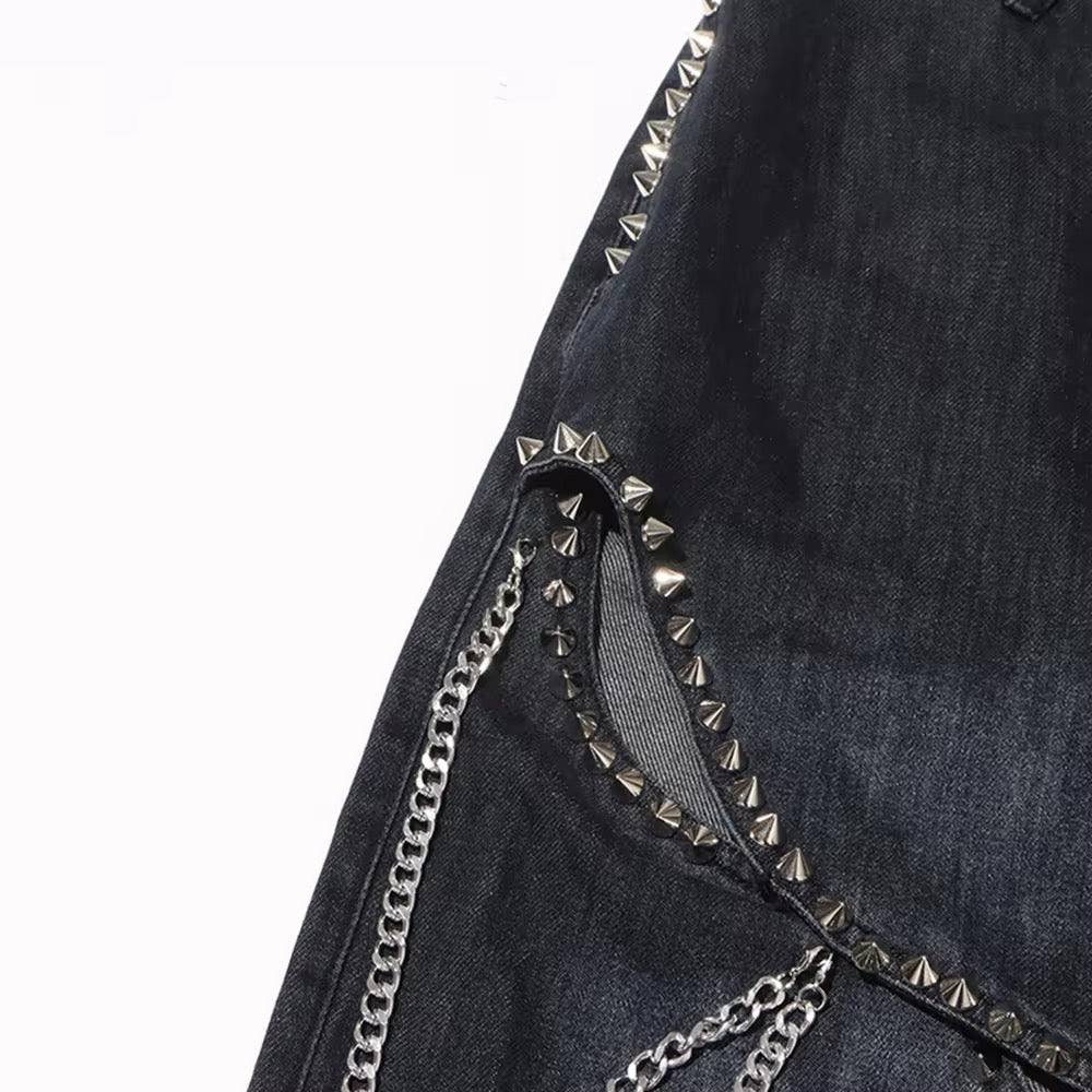 Baggy Wide Leg Rivet chain hollow out Streetwear Denim