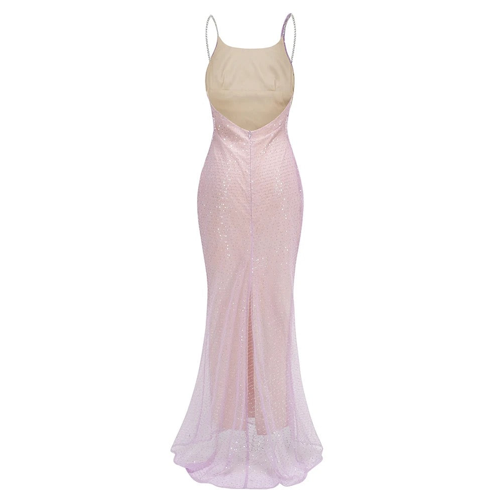 Pink Sexy Backless Sparkling Diamond Chain Tight Moxi Dress