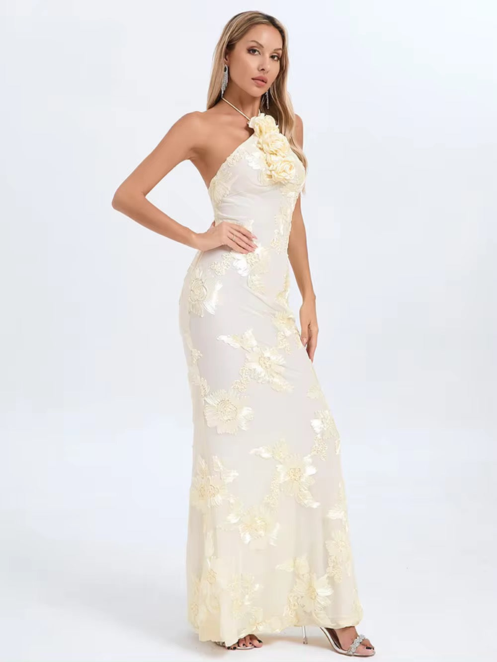 Backless Dmbroider 3D Flower Sexy Maxi Prom Party Dress