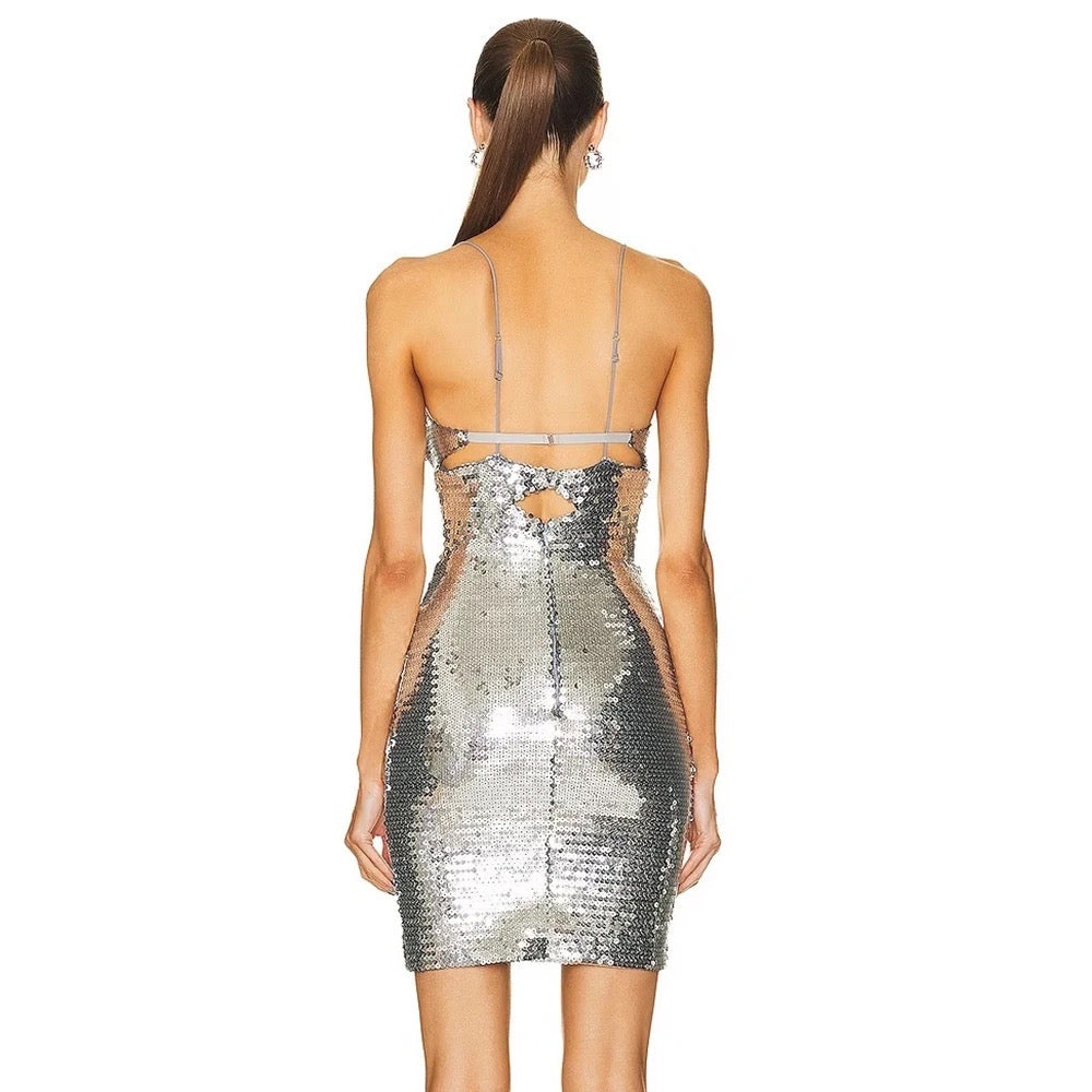 Silver Sequins Mini Sexy Sleeveless V-Neck Cutout dress