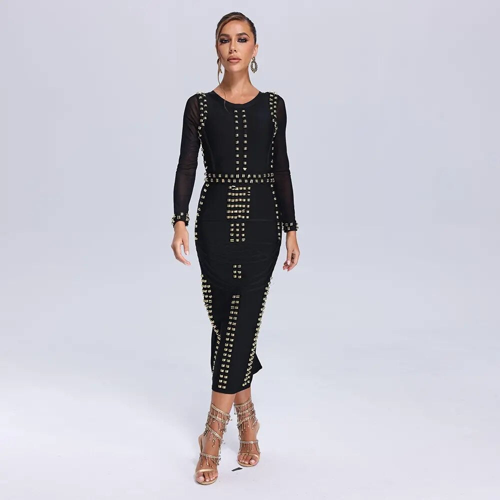 Round Neck Long Sleeve Metal Button Tight Bandage Dress