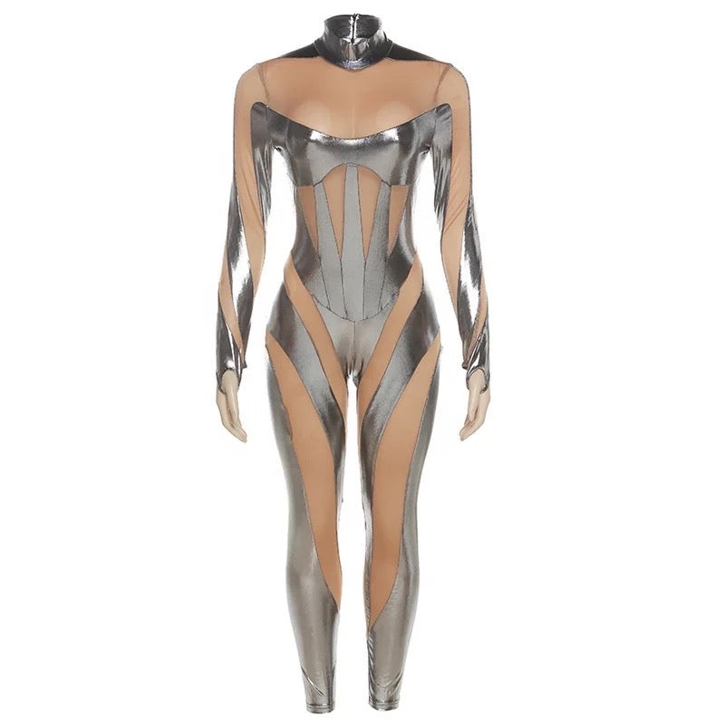 Alien Robot Mesh Hollow Silver Strip Bodysuit jumpsuit REBECATHELABEL