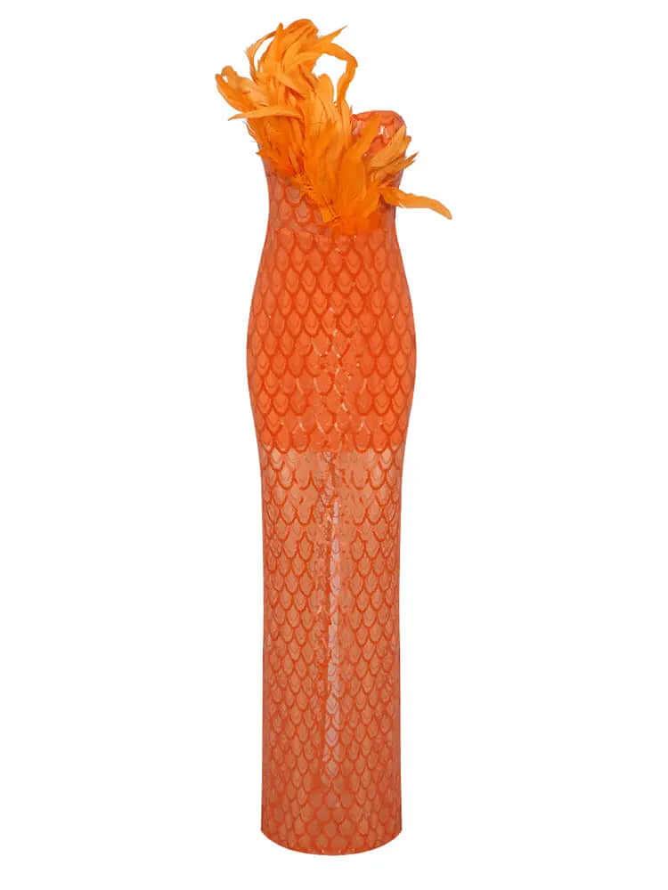 Am in love  Maxi Dress With Feathers REBECATHELABEL