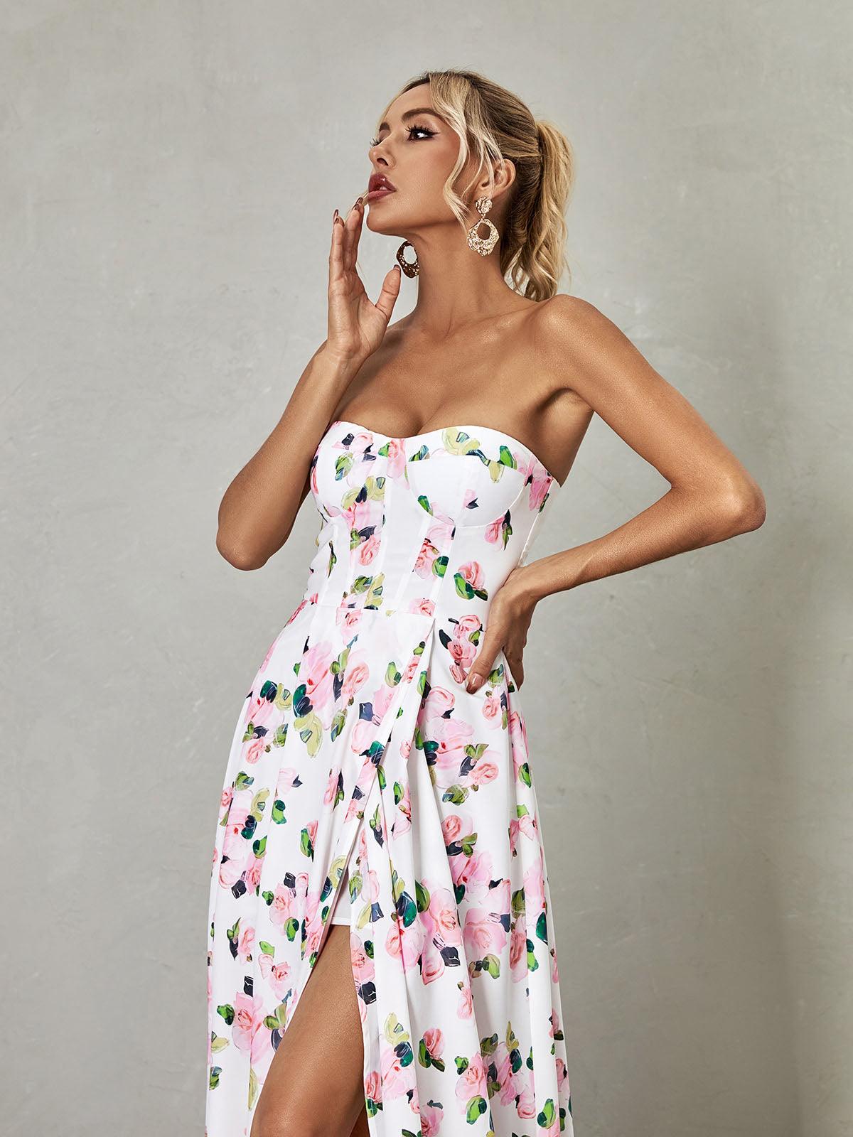 Amanda Strapless Floral Split Maxi Dress REBECATHELABEL