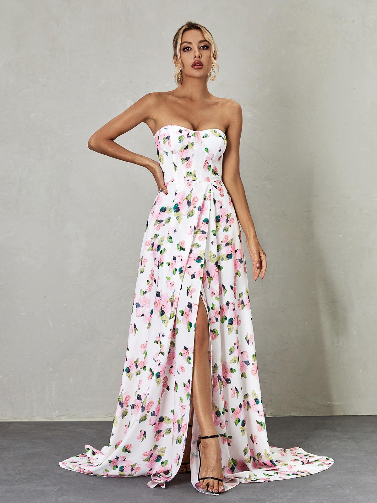 Amanda Strapless Floral Split Maxi Dress REBECATHELABEL