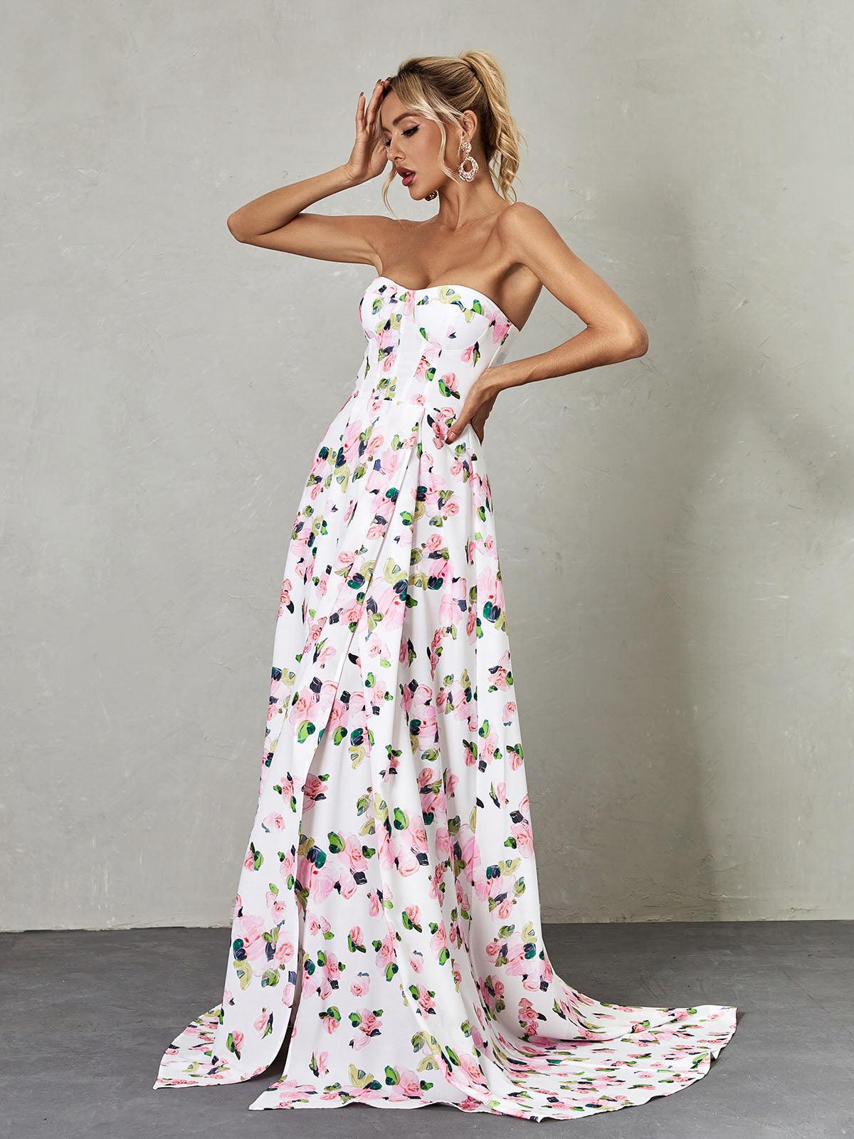 Amanda Strapless Floral Split Maxi Dress REBECATHELABEL