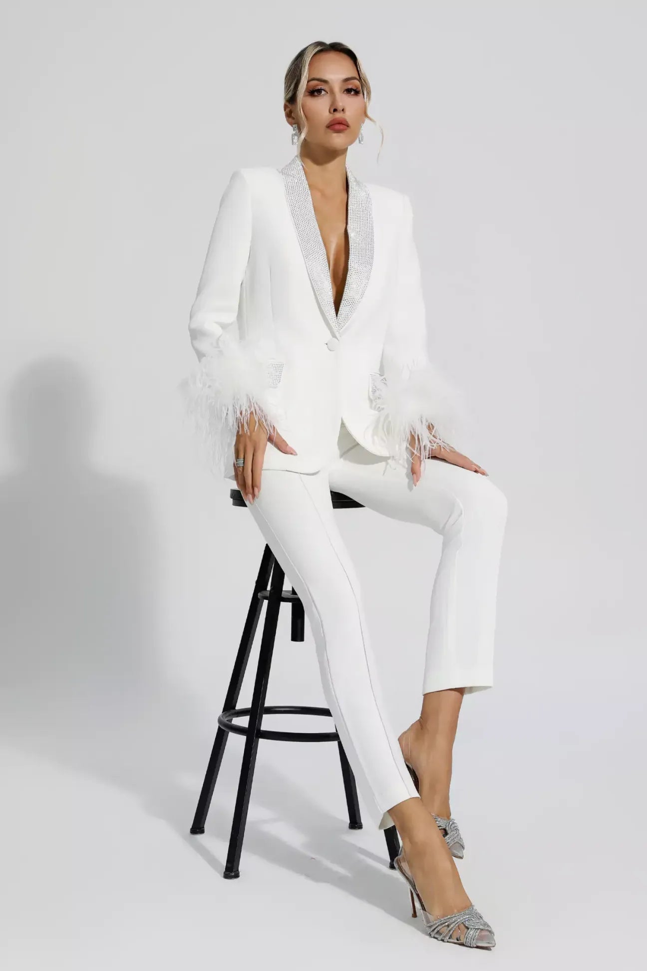 Angel White Feather Trim Diamond Blazer Set REBECATHELABEL