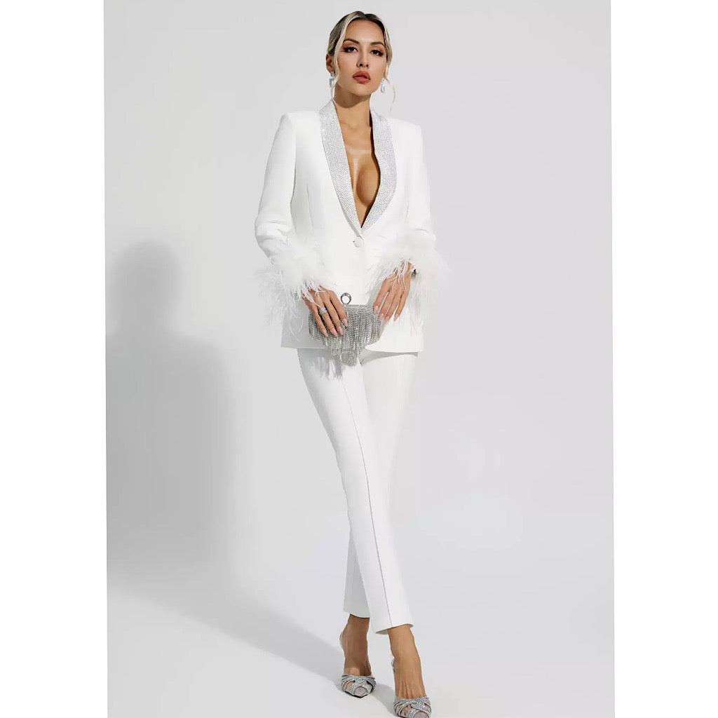 Angel White Feather Trim Diamond Blazer Set REBECATHELABEL