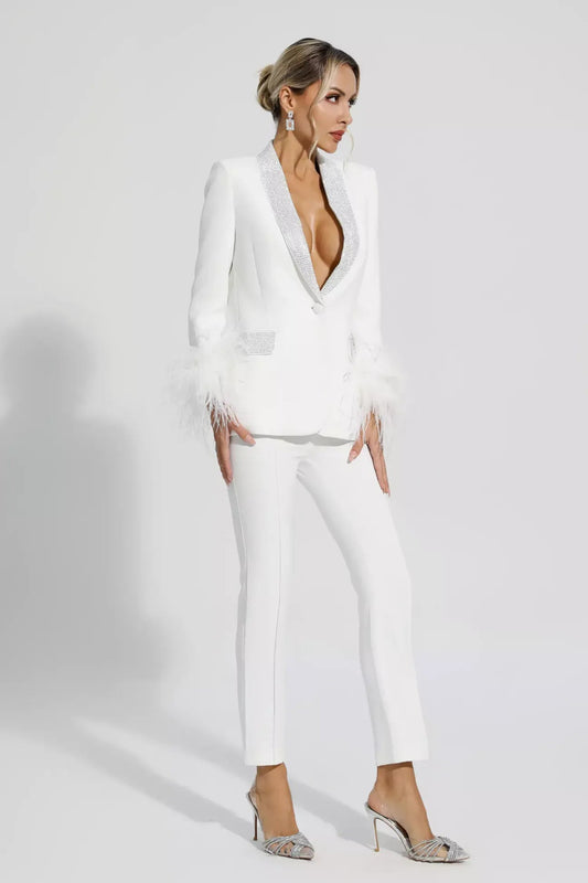 Angel White Feather Trim Diamond Blazer Set REBECATHELABEL