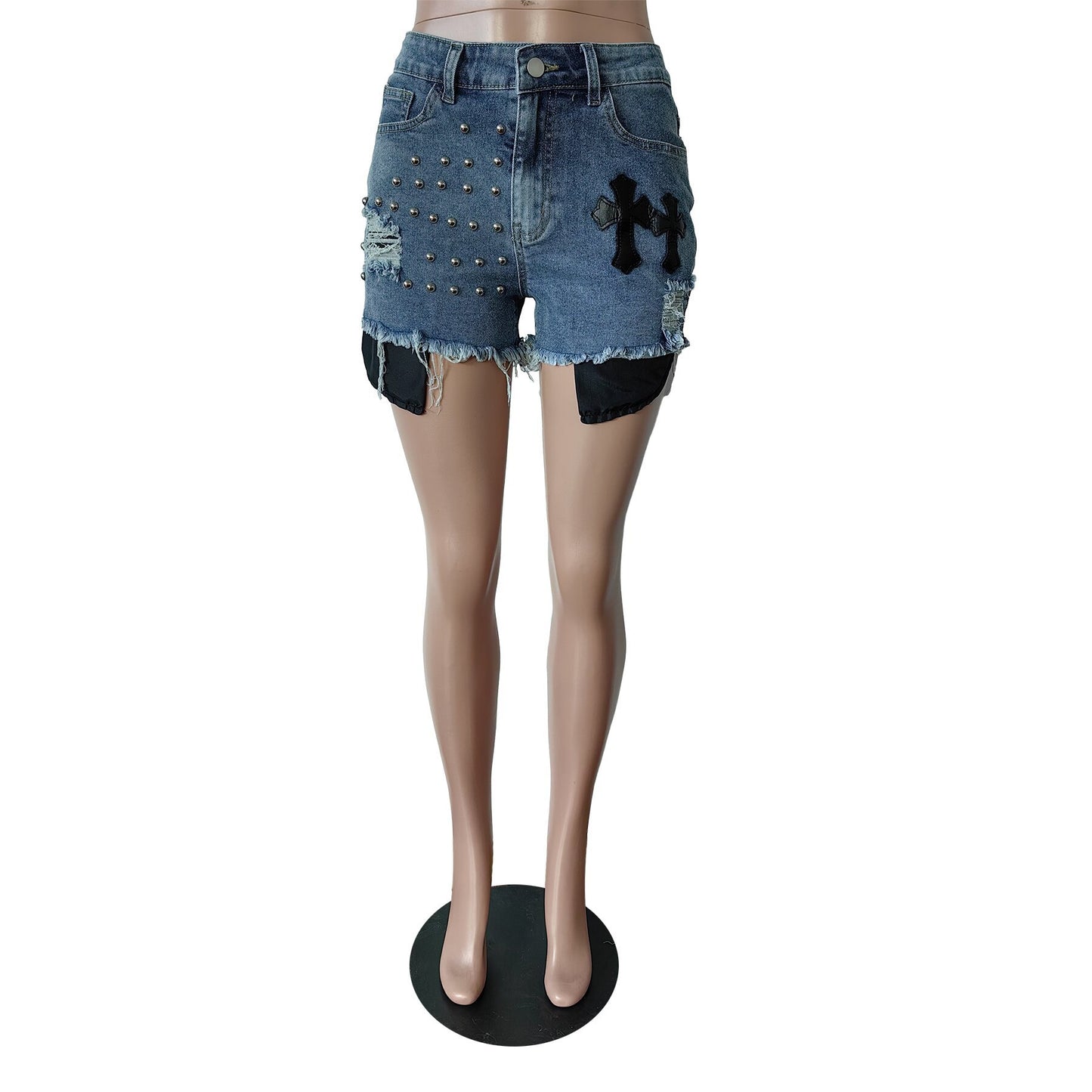 Denim Shorts Beaded Denim Stretch Shorts