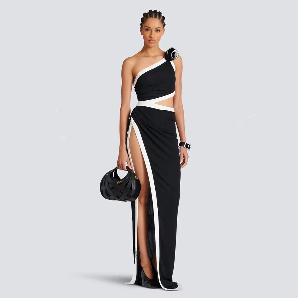 One Shoulder 3D Flower Hollow Asymmetric Split Long Bandage Dress