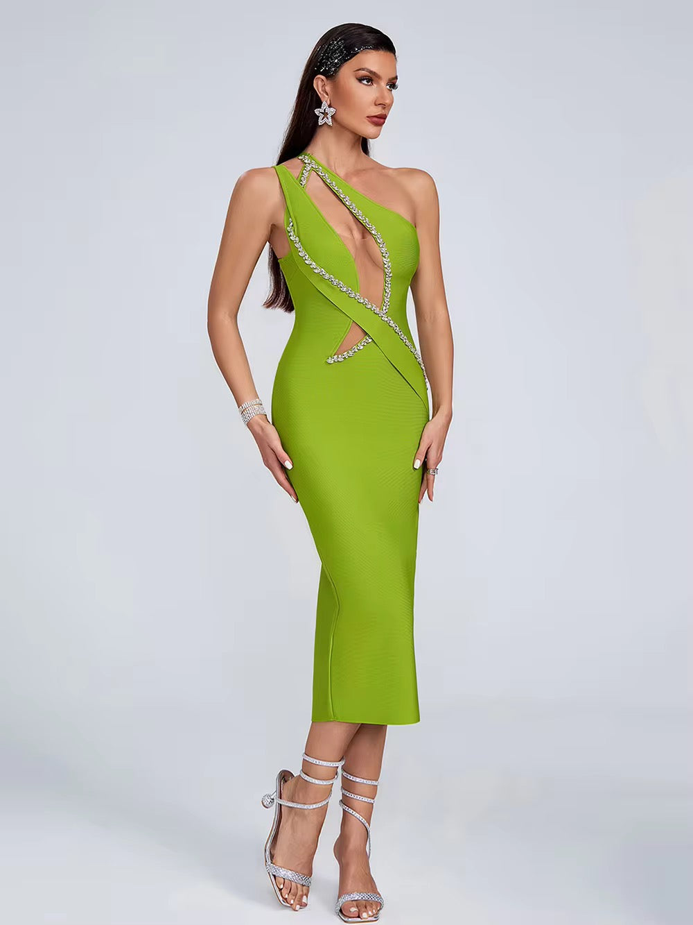 Diamond One Shoulder Diamond Midi Bandage dress