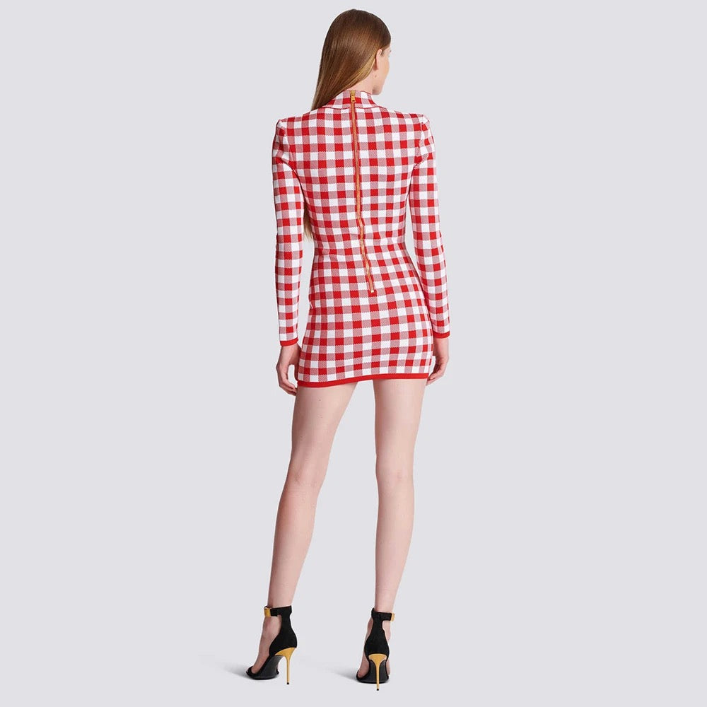 Long Sleeve Button Checkered Jacquard Tight Mini