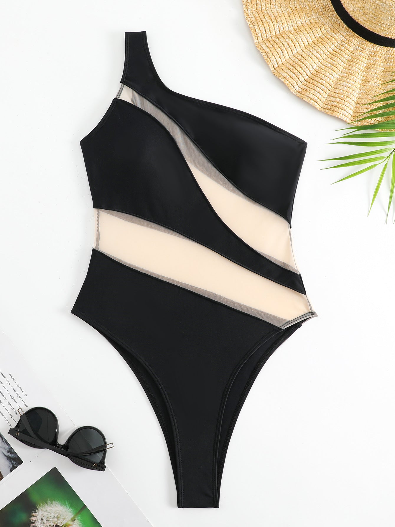 One Shoulder Solid Color Stitching Swimsuit