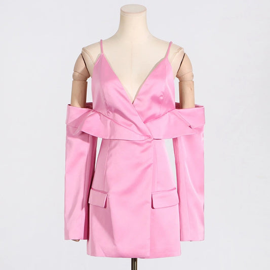 Pink Off the Shoulder Long sleeved Satin blazer