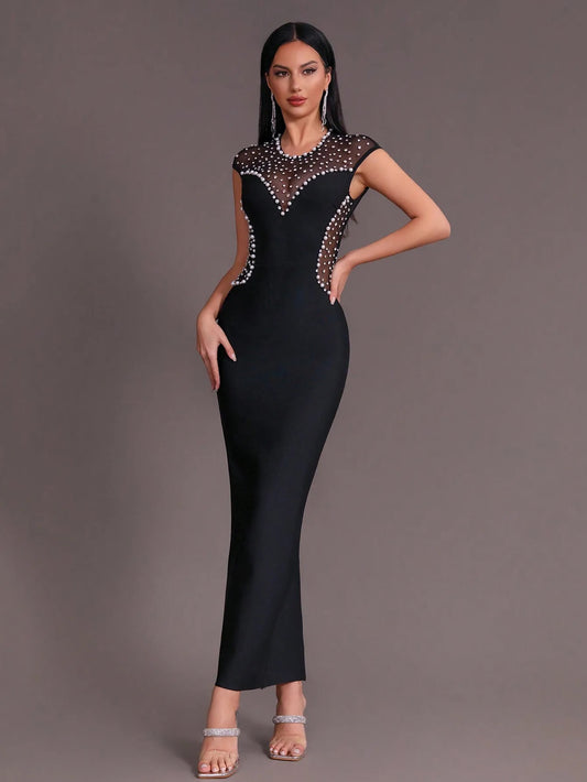 Backless Diamond Pearl Mesh Tight Long Bandage Dress