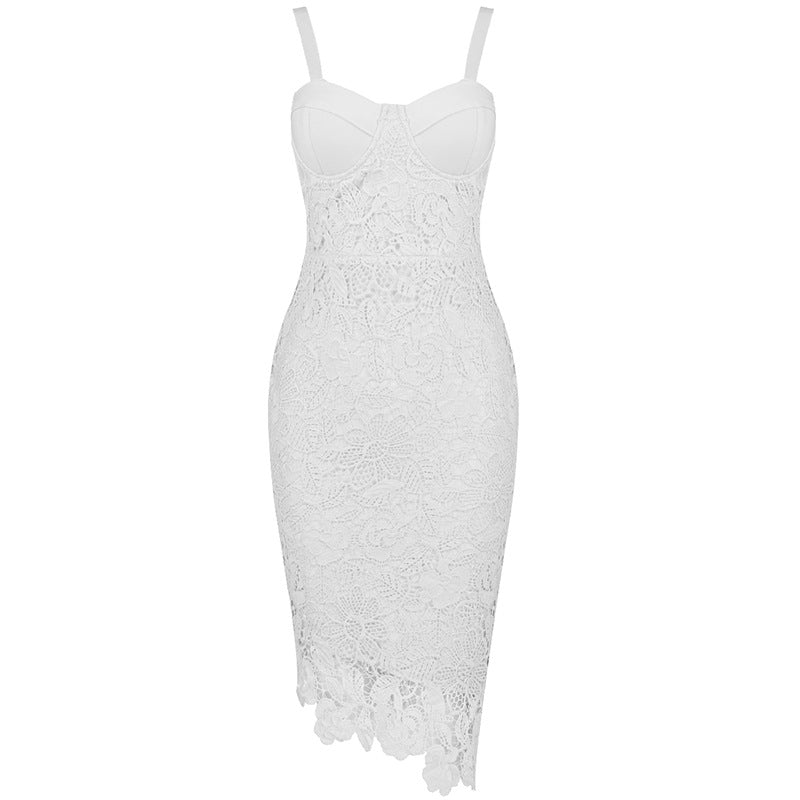 Lace Cutout Irregular Asymmetric Midi Dress