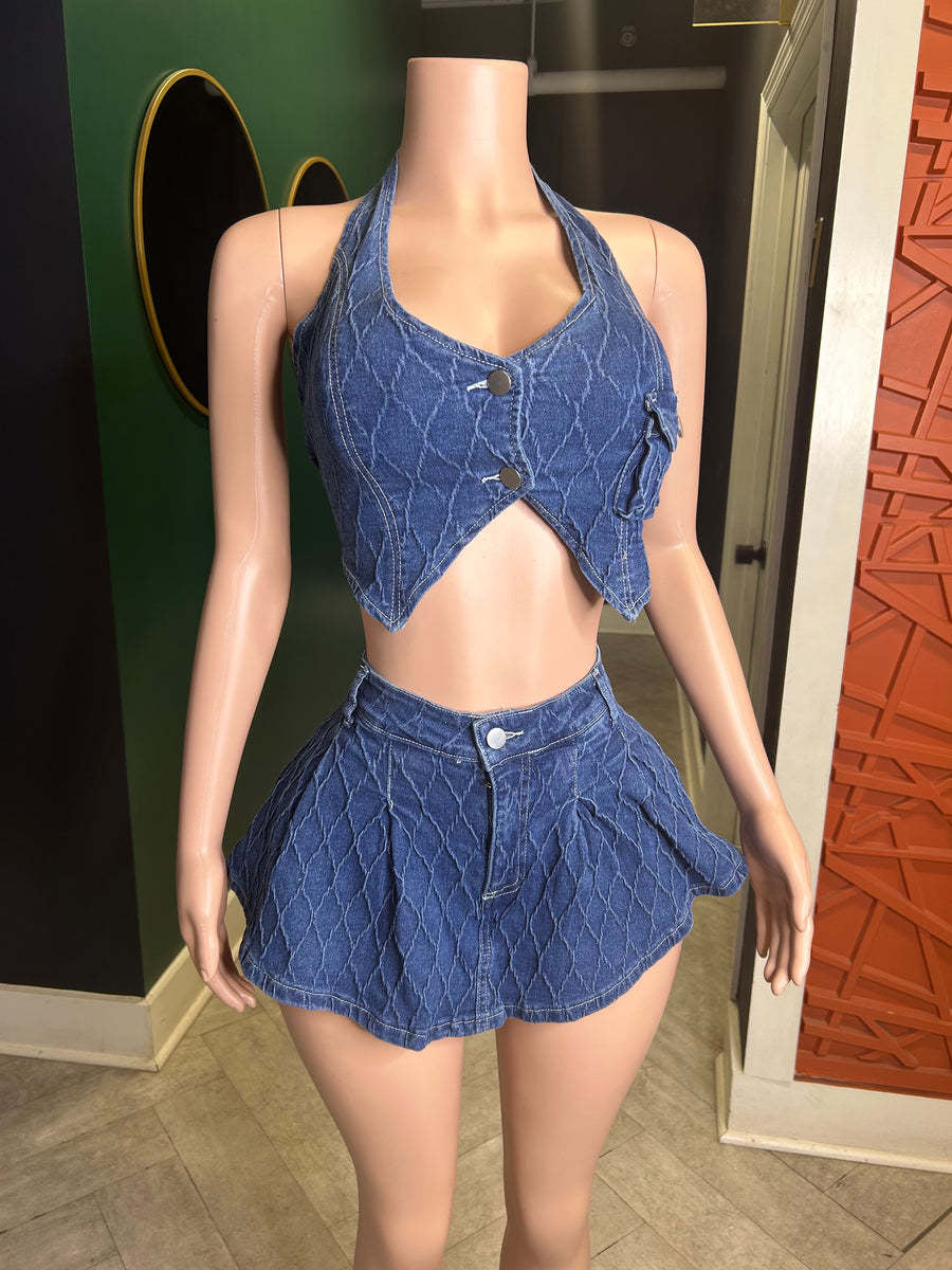 Fit Halter Button Washing Sleeveless Stretch Casual Denim Set