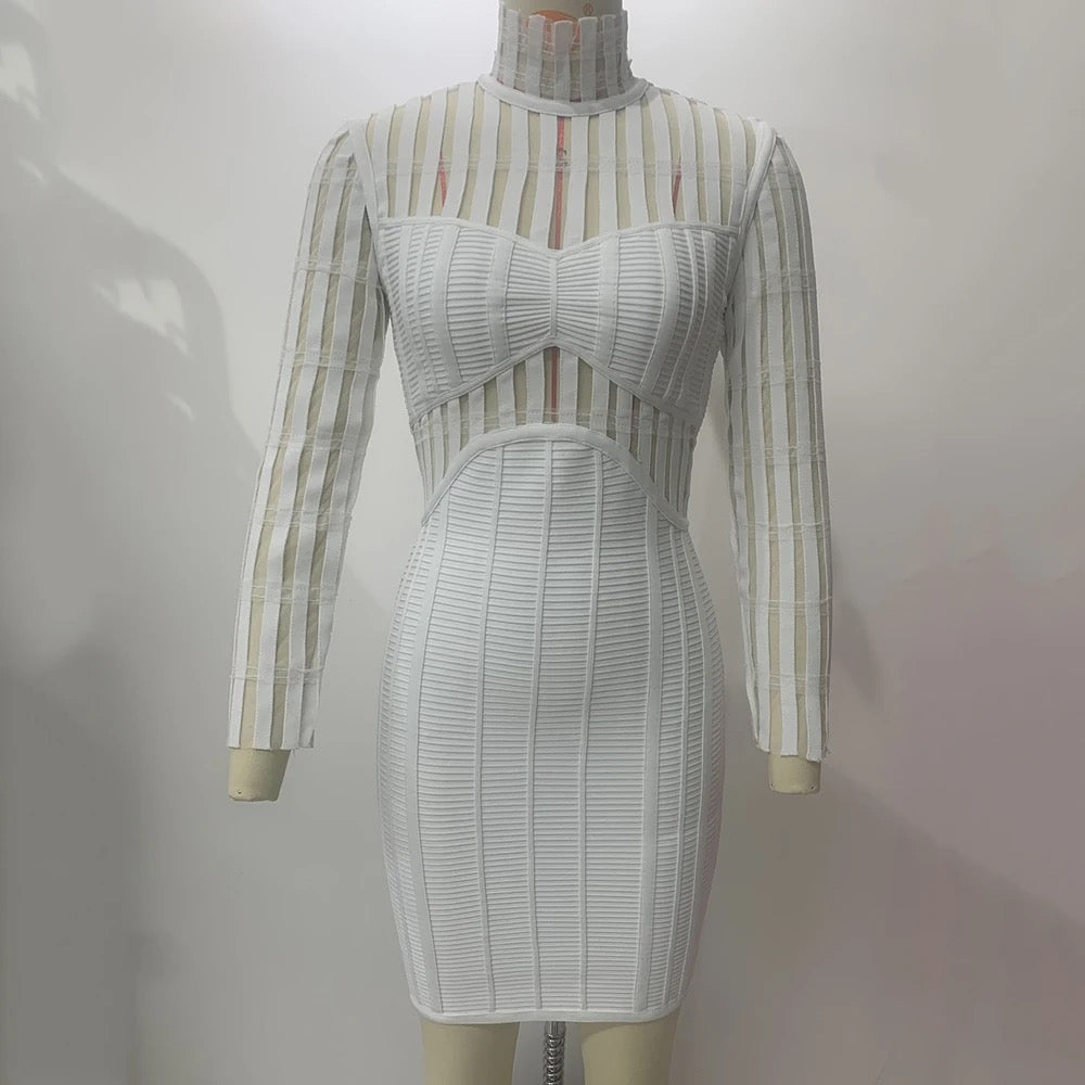 Patchwork Mesh Tight Long Sleeve Mini Bandage Dress