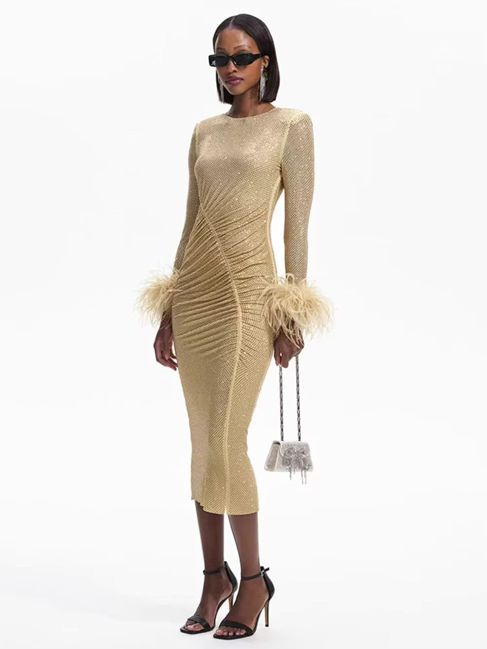 O Neck Long Sleeve Diamond Feathers Bodycon Midi Dress