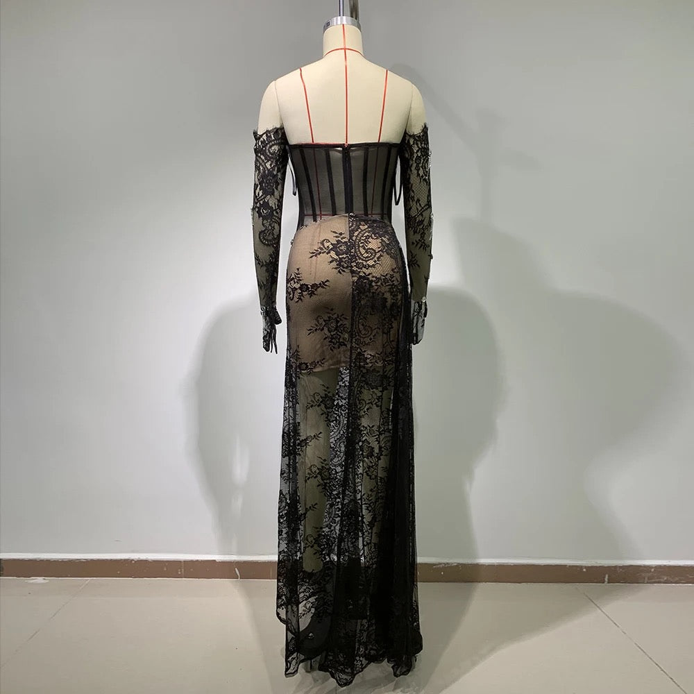 Black Lace Flower Pleated Long Dress