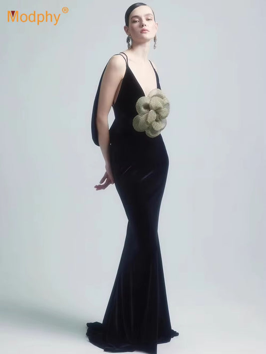 Neck 3D Flowers Backless Design Black Velvet Maxi Long dress