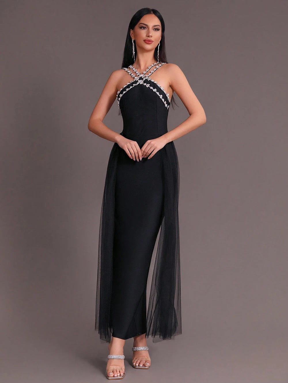 Diamond Details Sleeveless Tight Long Bandage Dress