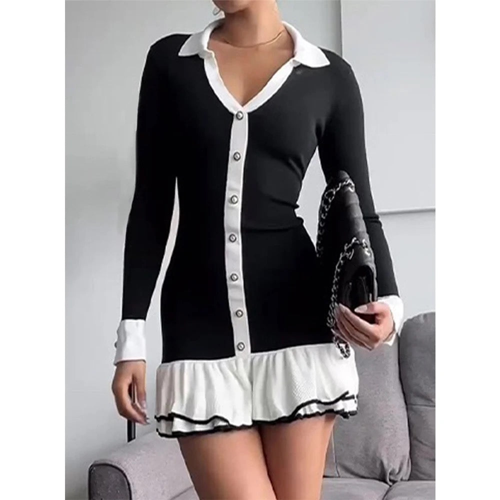 Contrast Knit Bowknot Back Pleated Mini Dress