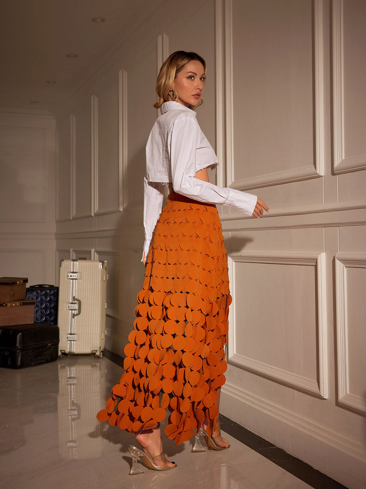 Circle Cutout Fringe Skirt In Orange