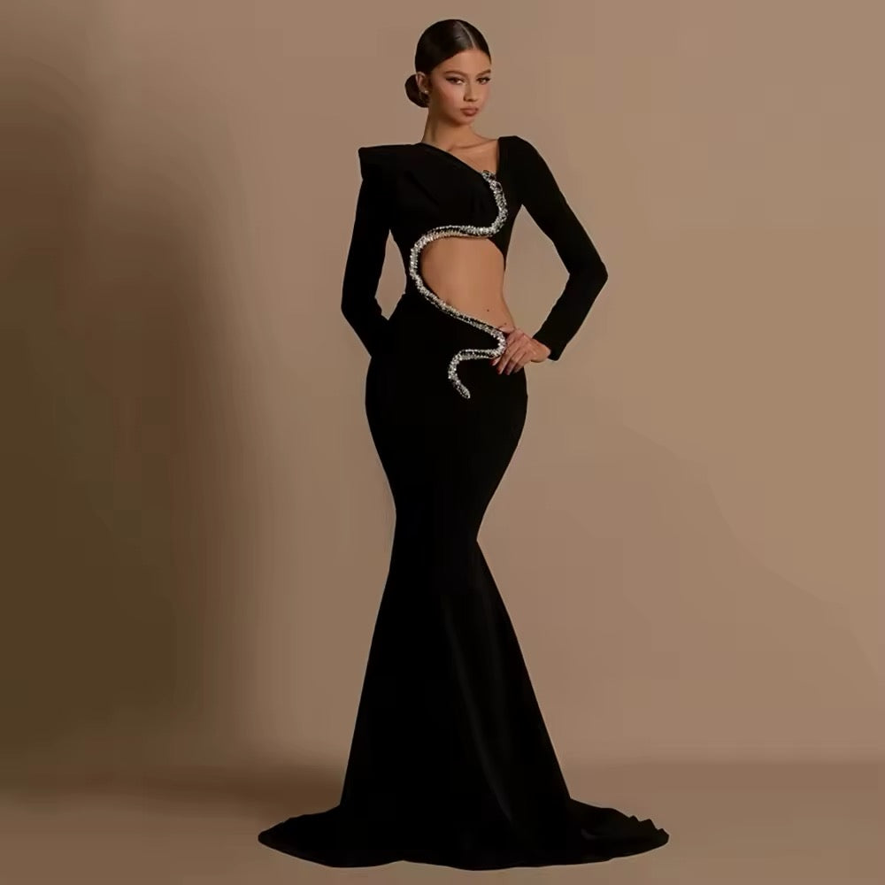 Diamond Hollow Black Long Sleeves Evening Gown