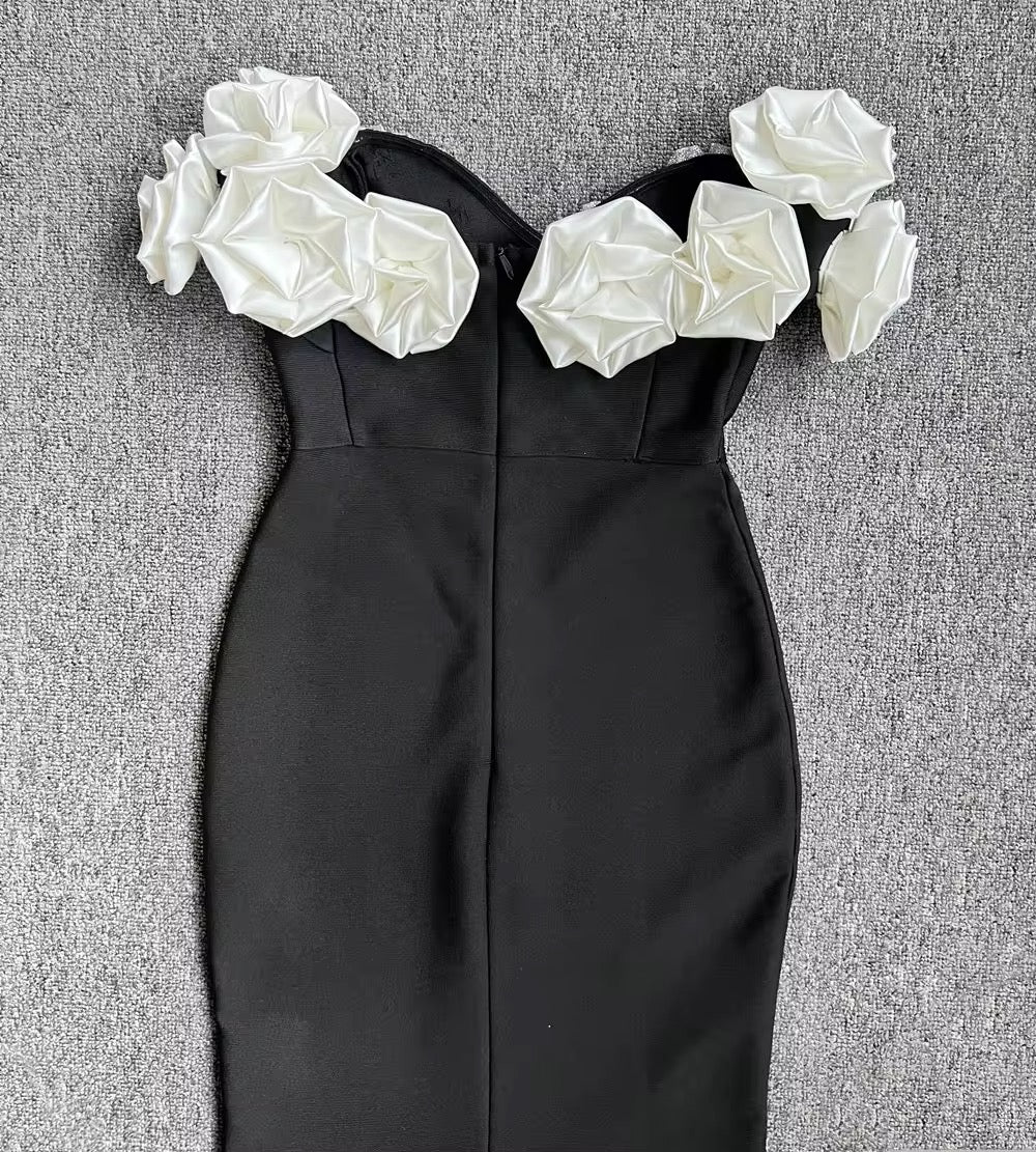 Stereoscopic Flowers Off The Shoulder Ankle Lenght Bandage Dress