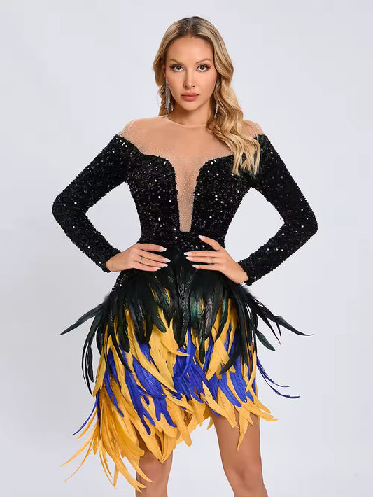 Feathers Sequin Strapless Mesh Long Sleeves Bodycon Mini Dress