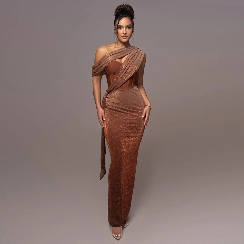 One Shoulder Sleeveless Gold Drop Tight Long Dress