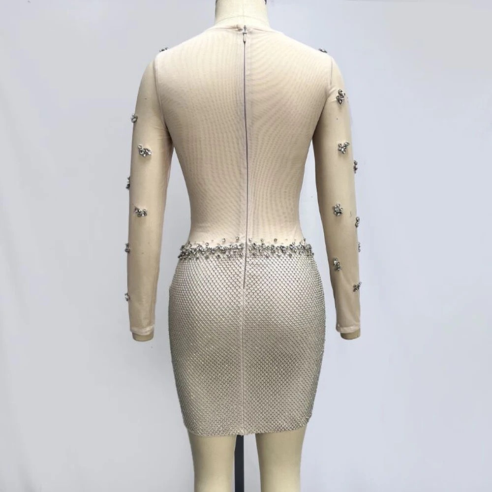 Round Neck Long sleeved Luxury Diamond Mesh Tight Mini Bandage Dress