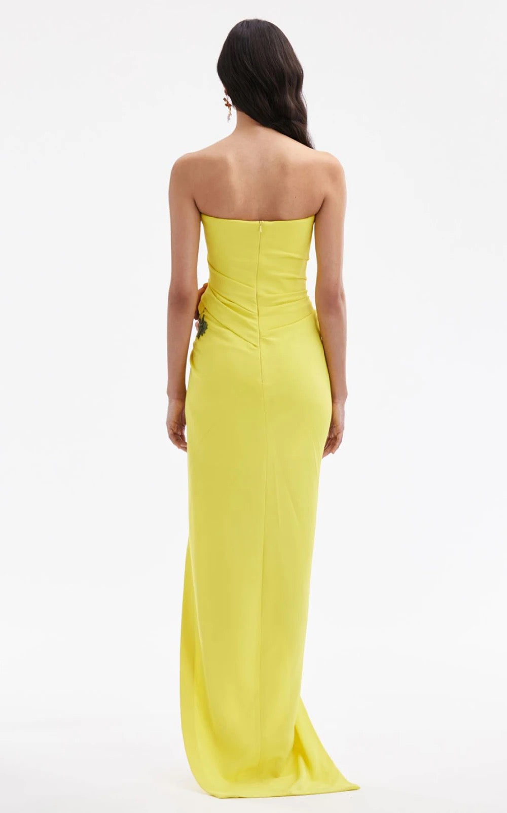 Yellow Sexy Strapless Draped Flower Details High Split Maxi Dress