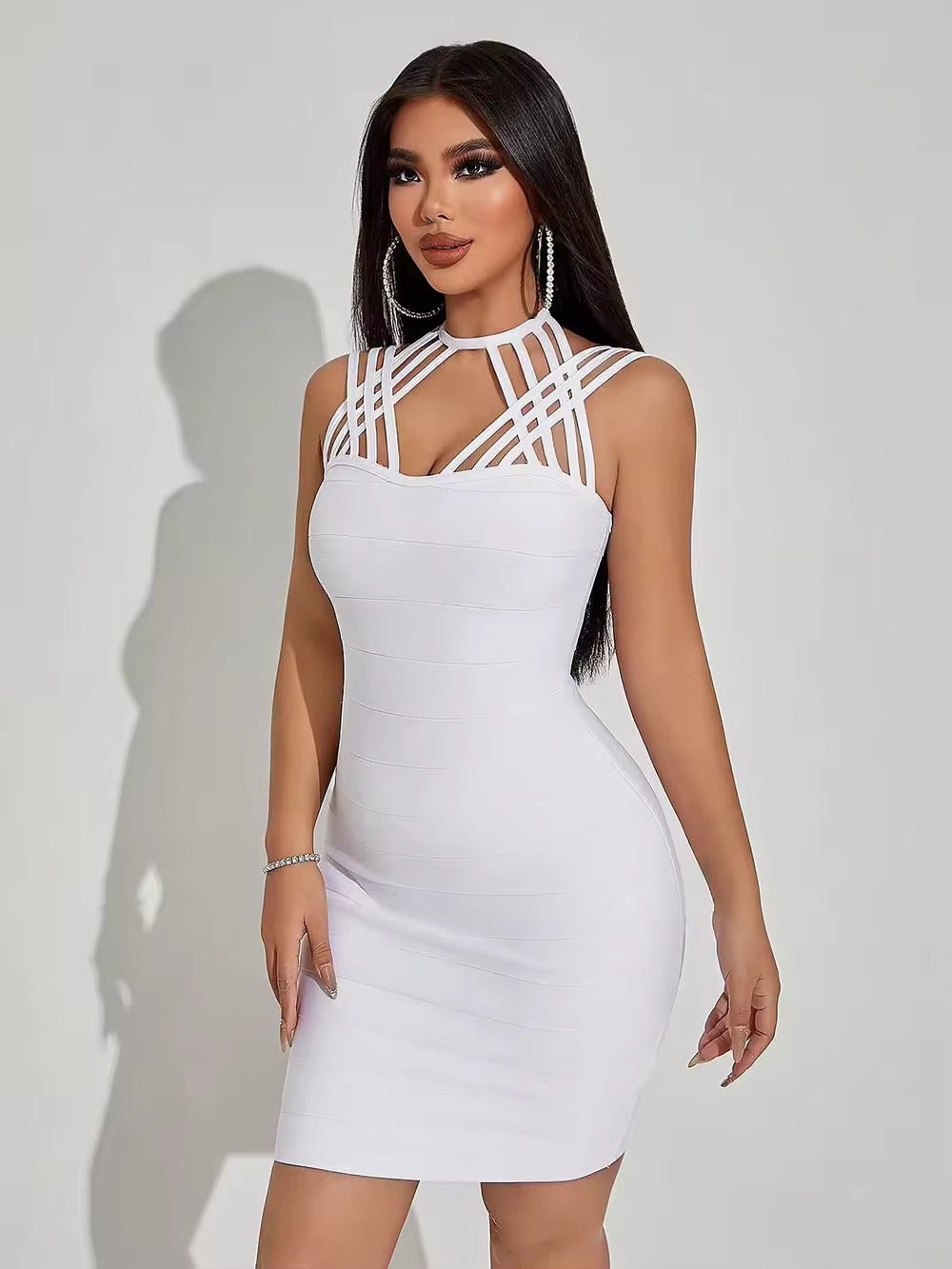 White Hollow Cross Spaghetti Strap Design Tight Bandage Mini Dress