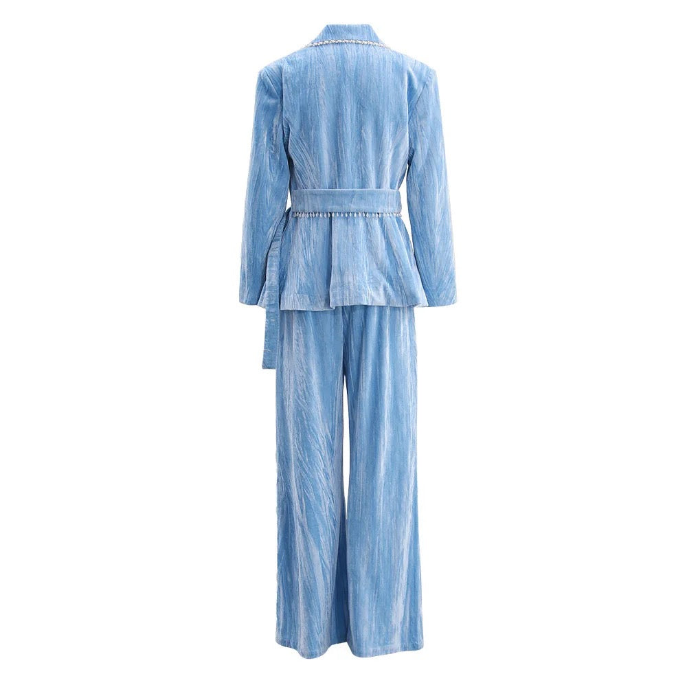 Velvet Set Loose Retro Suit Coat and Wide Pants Belt Set