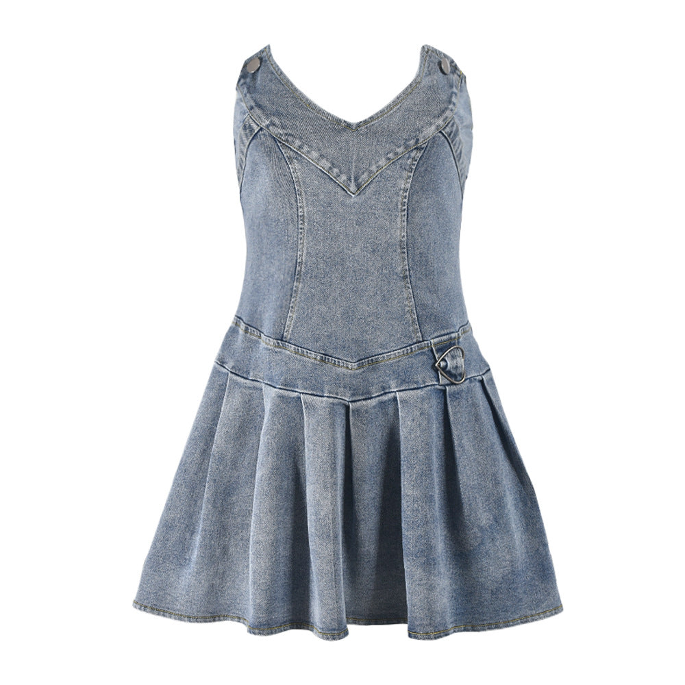 French Pleated V neck Denim Dress