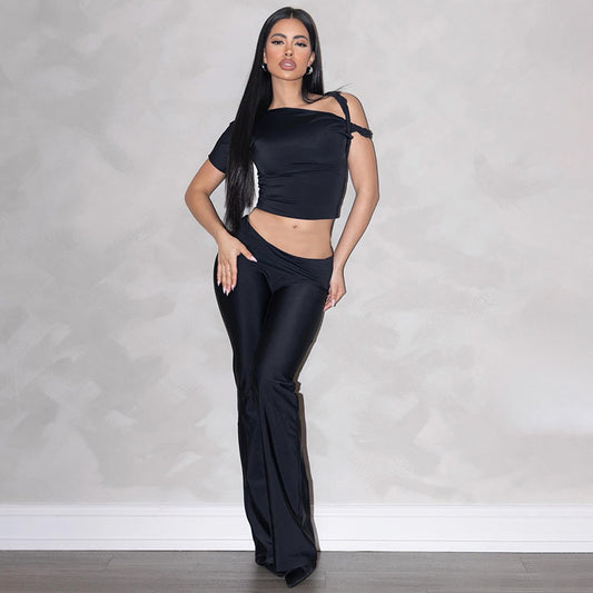 Shoulder Oblique Collar Top Low Waist Trousers Set