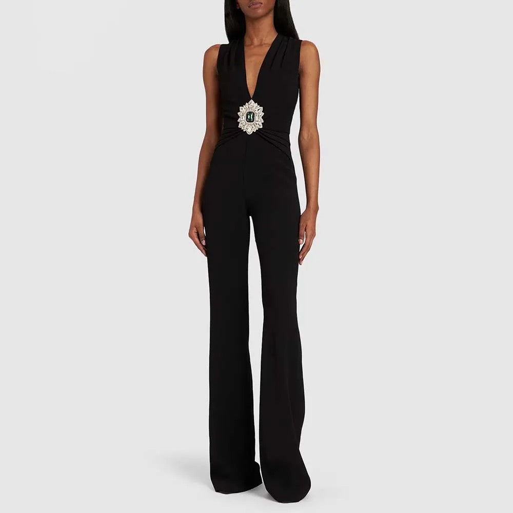 Sexy V-neck Sleeveless Diamond Tight Long jumpsuit