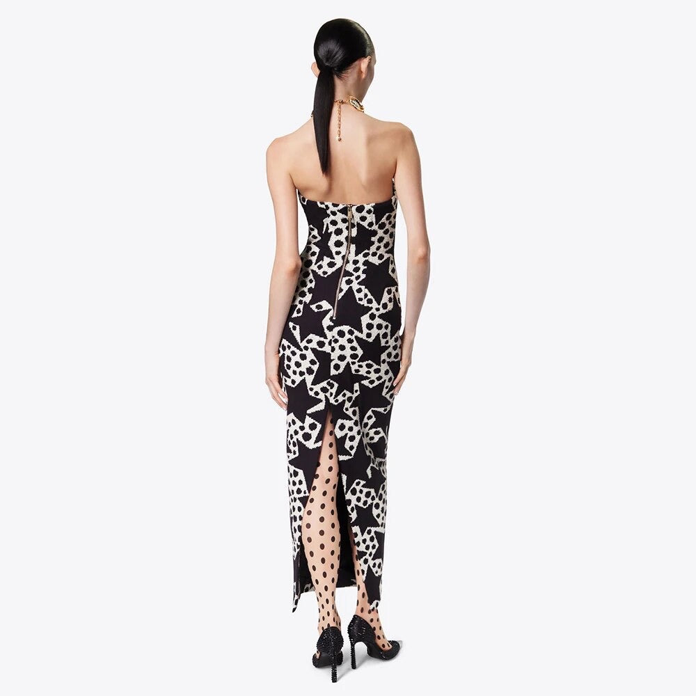 Five pointed Star Print Sexy Strapless Tight Long Dress